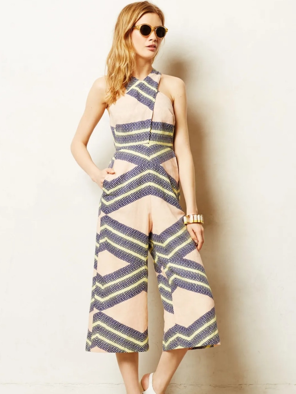 Corey Lynn Calter Peach Halter Chevron-Stripe Wide-Leg Jumpsuit